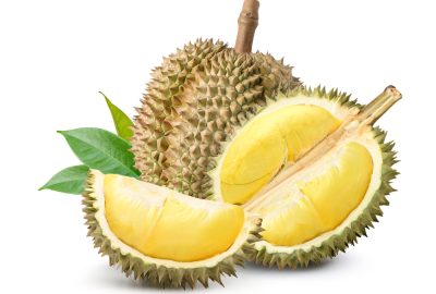 Durian,Fruit,With,Cut,In,Half,Isolated,On,White,Background.